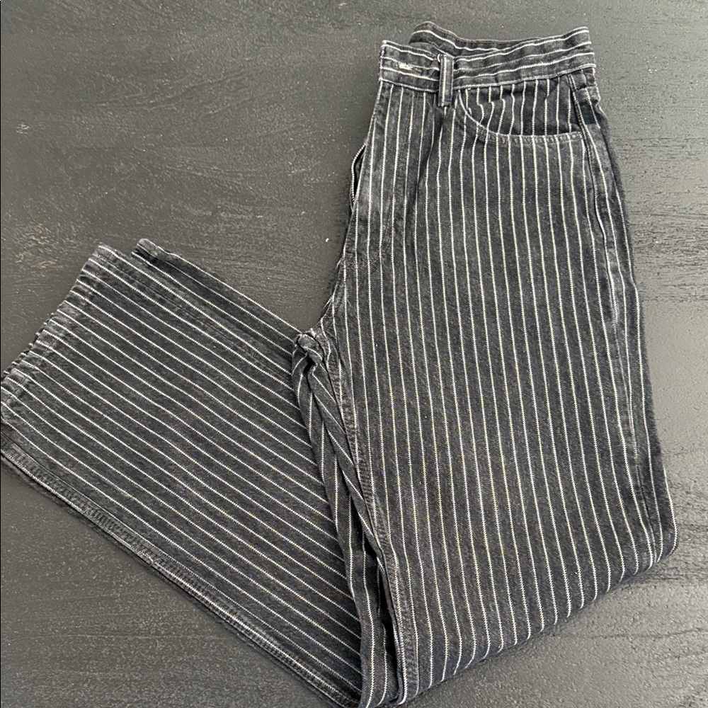 Zara Black and White Striped Straight Leg Jeans
